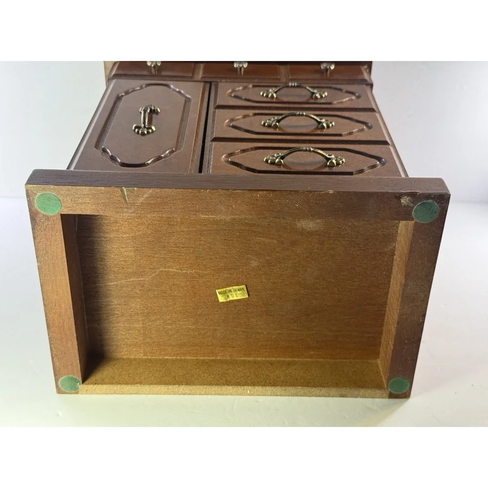 Vintage Wooden Jewelry Armoire Chest Box Taiwan Brass Hardware Multi Drawer 11